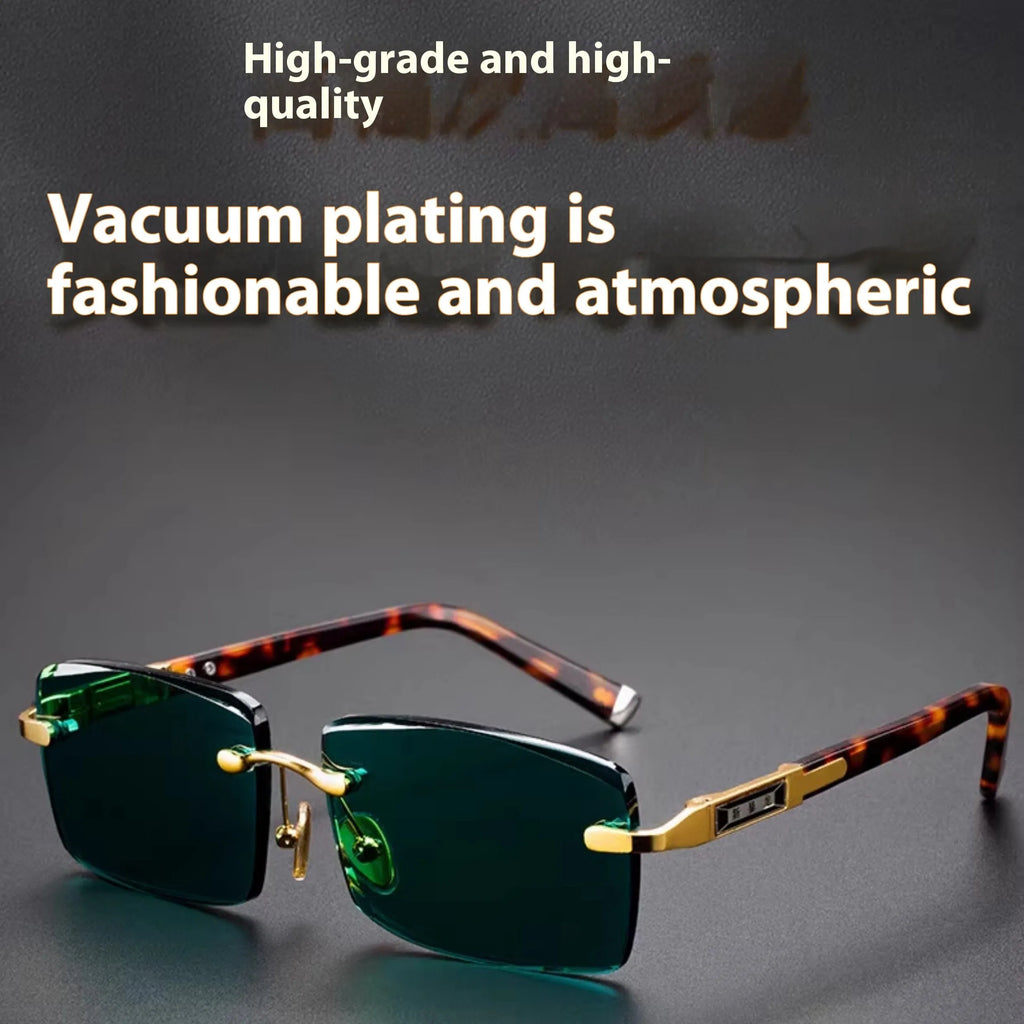 Dark green frameless crystal sunglasses inside a protective case with a lens cloth.