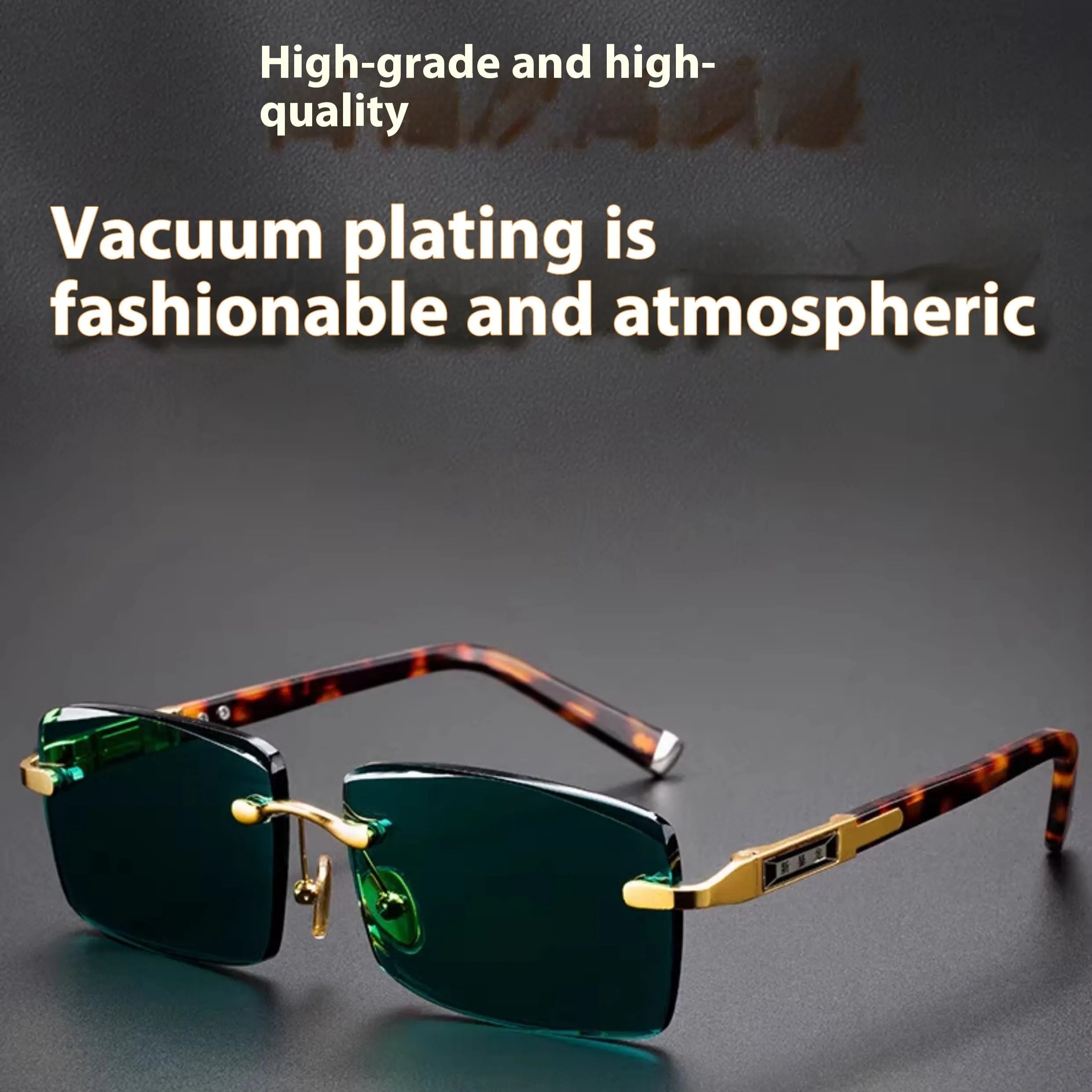 Dark green frameless crystal sunglasses inside a protective case with a lens cloth.