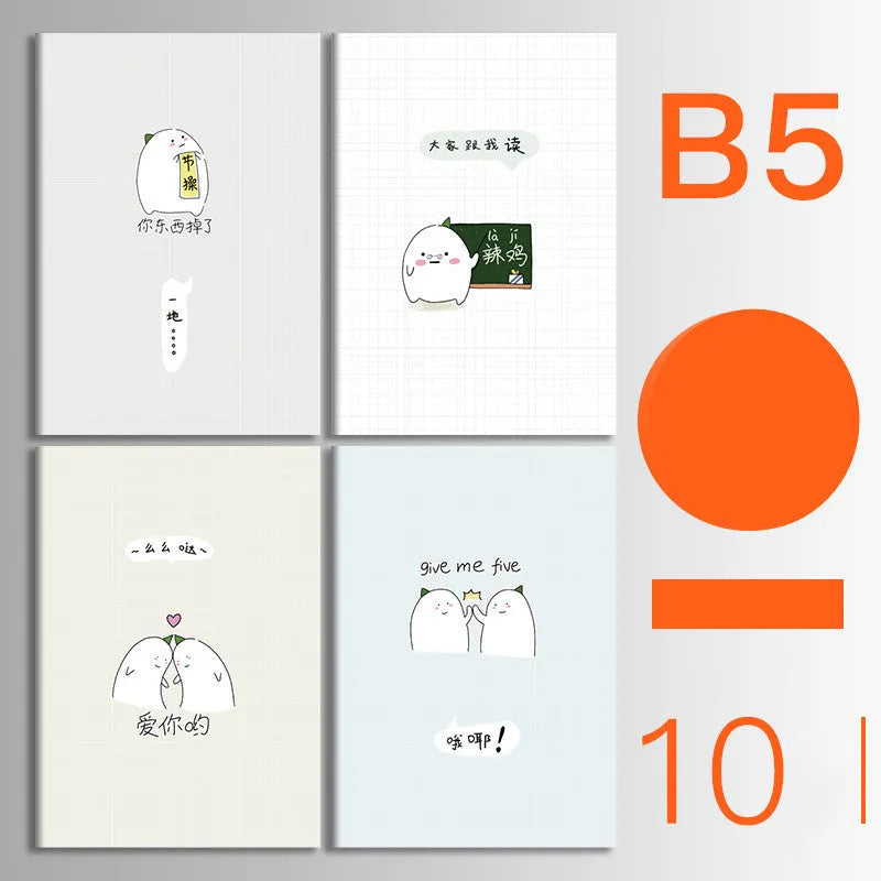 Pack of ten thread-bound A5 and B5 softcover notebooks showing multiple design styles including kraft paper and illustrated covers.