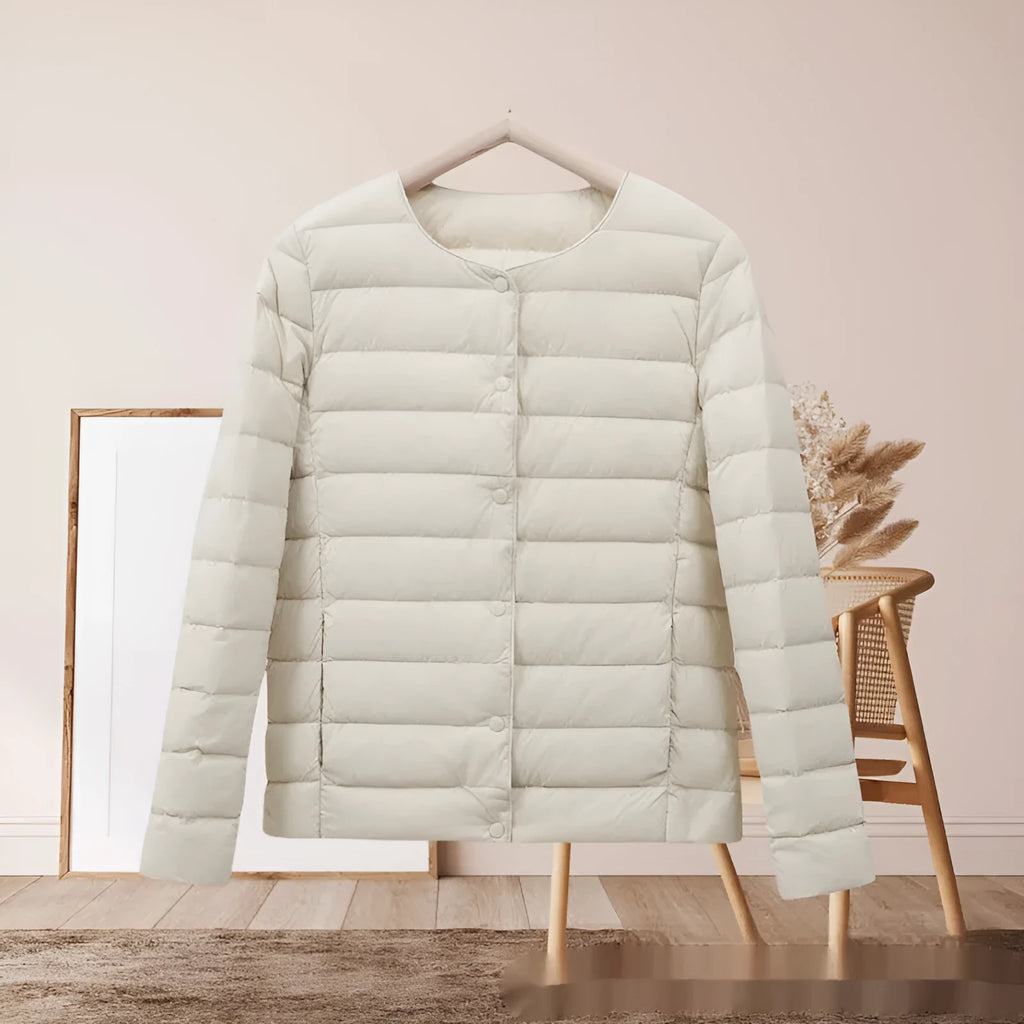 Short autumn winter lightweight cotton-padded jacket for women in beige loose fit long sleeve polyester