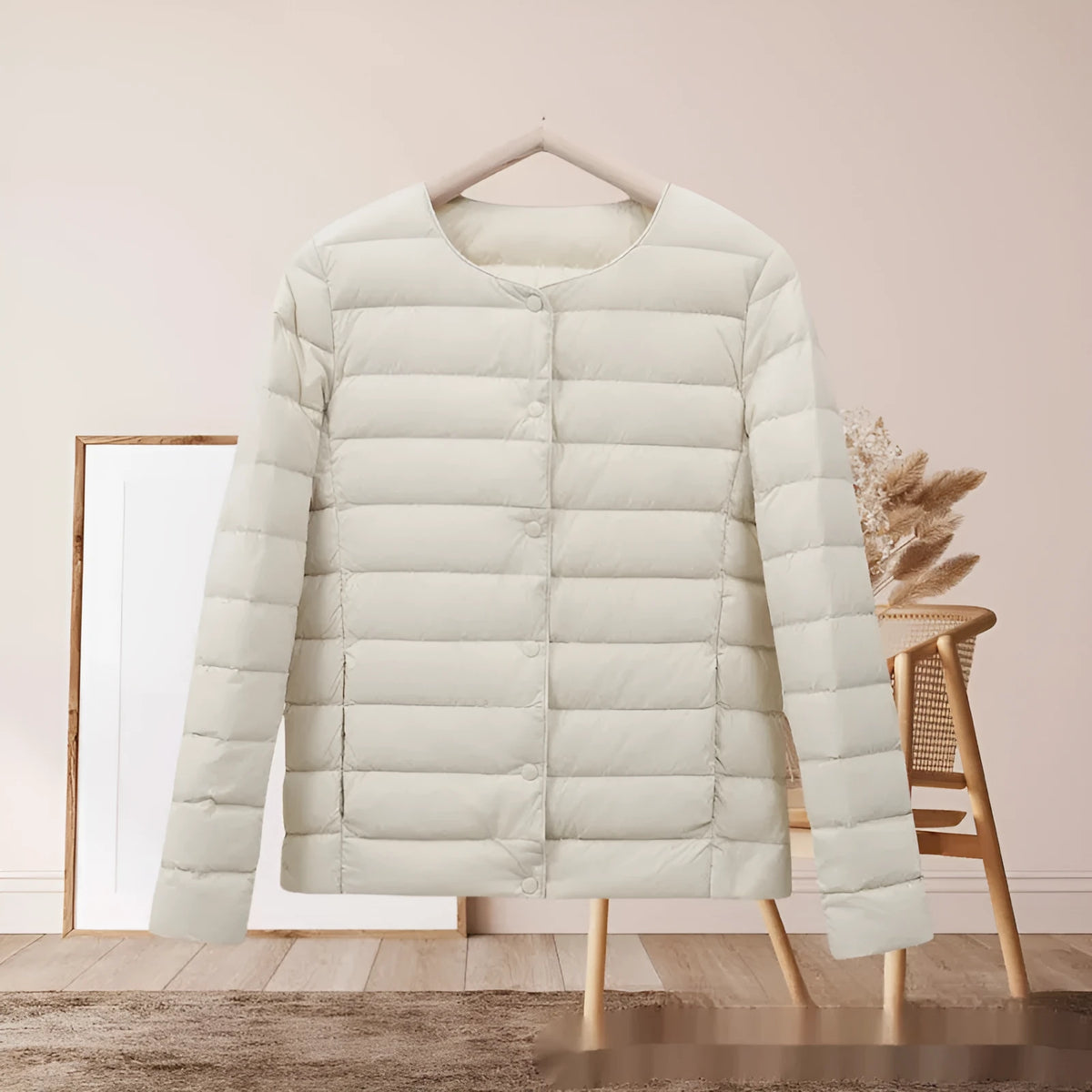 Short autumn winter lightweight cotton-padded jacket for women in beige loose fit long sleeve polyester