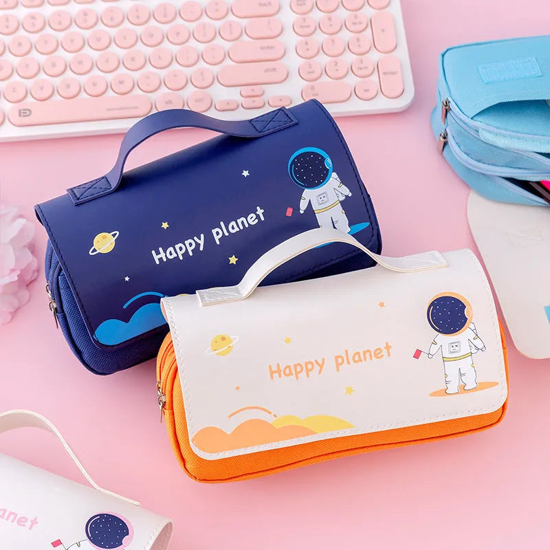 Large-capacity canvas pencil case with hand-painted planet design in multicolour, square 21x10cm, isolated on surface
