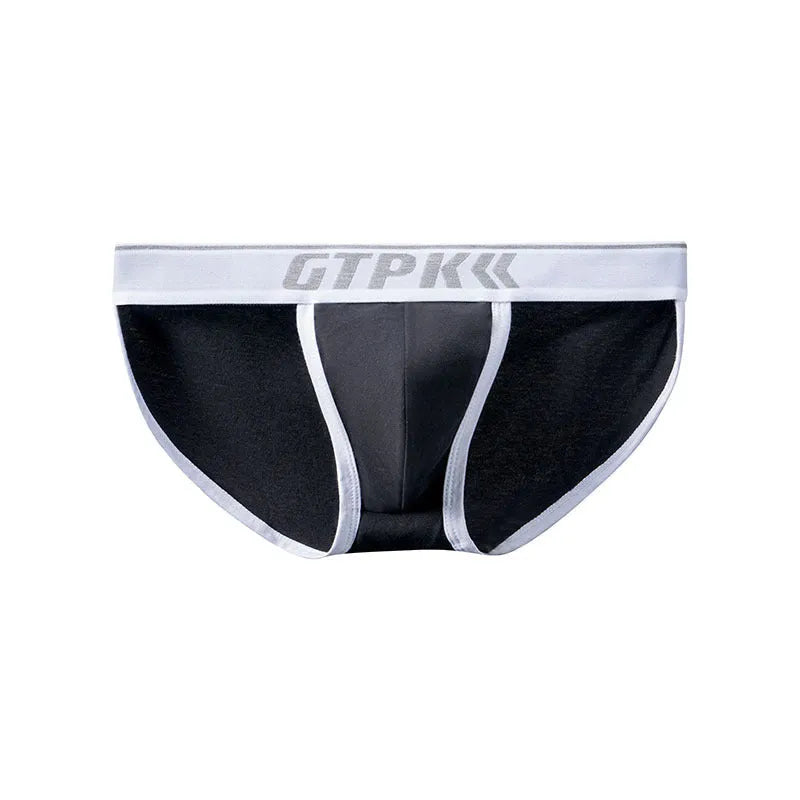 Men's low waist high fork cotton briefs in solid colour black, laid flat showing the cut and waistband