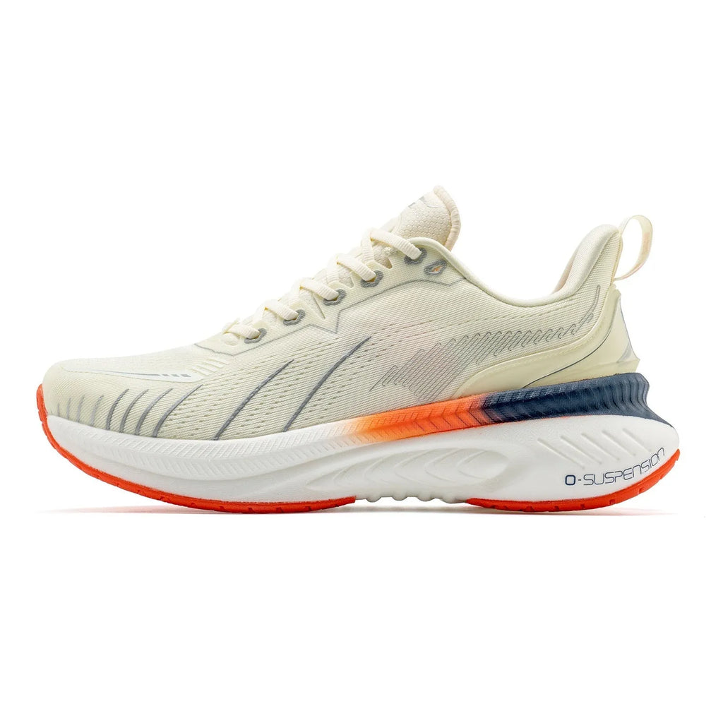 Low top running shoes in PU mesh with embroidery detail, shown in a red colourway on a rubber sole.