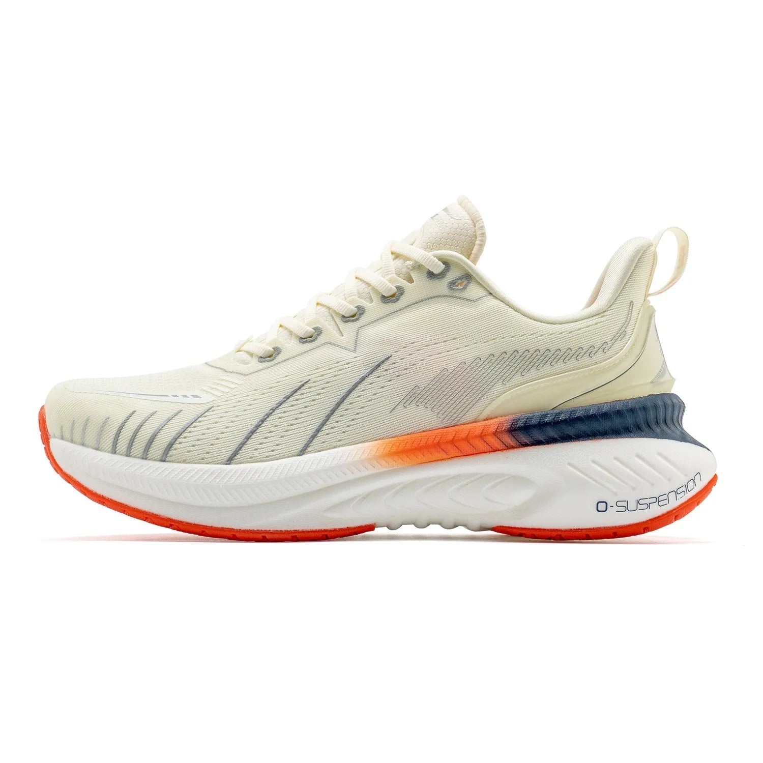 Low top running shoes in PU mesh with embroidery detail, shown in a red colourway on a rubber sole.