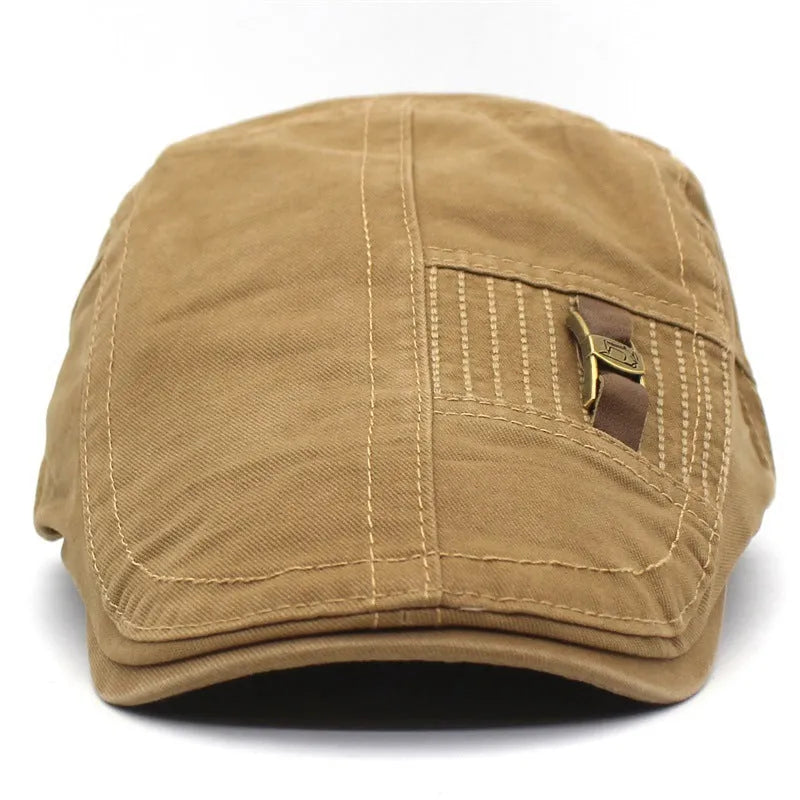 Retro peaked cap with adjustable leather strap and jeans button fastening flat top crown embroidery detail available in green khaki black brown gray navy blue