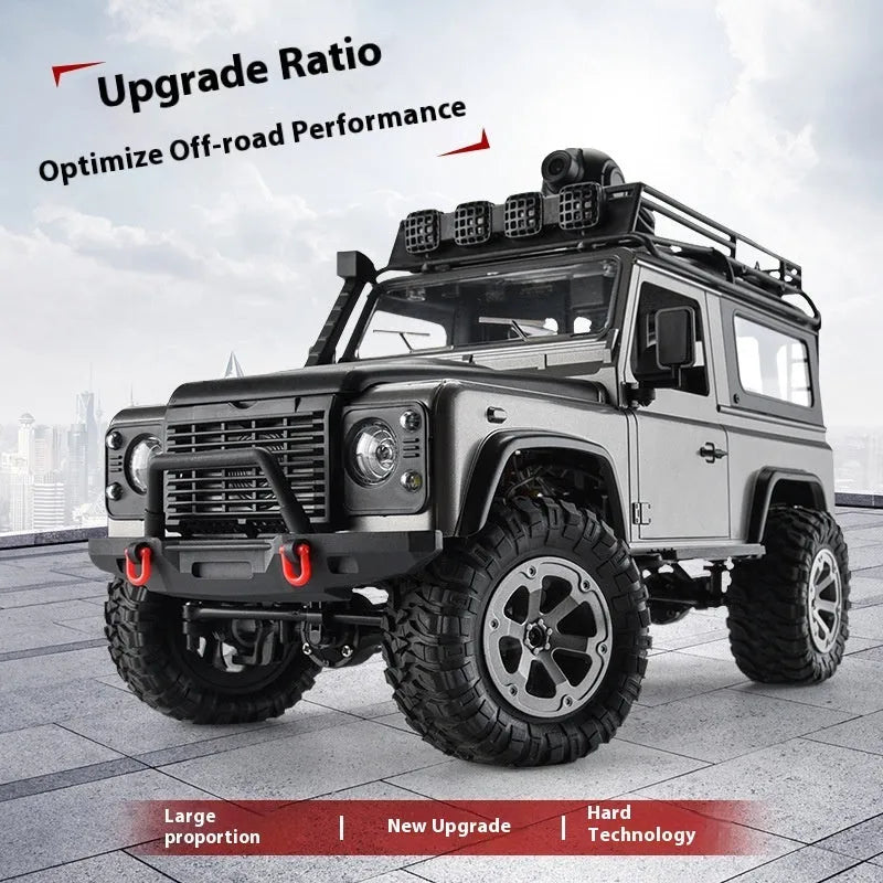 Four-wheel drive off-road RC car with controllable headlight and camera in black plastic