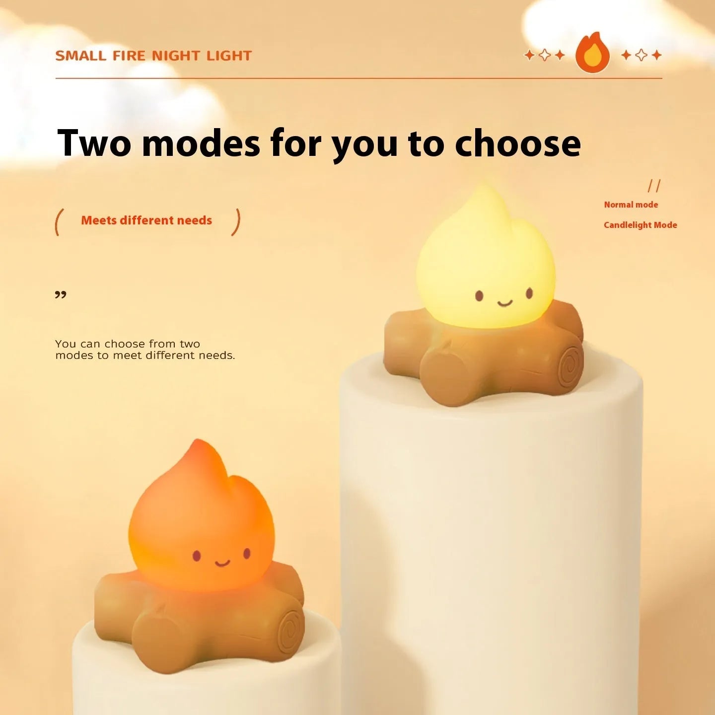 Cartoon-style small fire pile silicone night lamp with yellow light display on dark surface