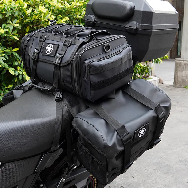 Motorcycle rear seat bag and side panniers set 20L 22L black waterproof universal fit