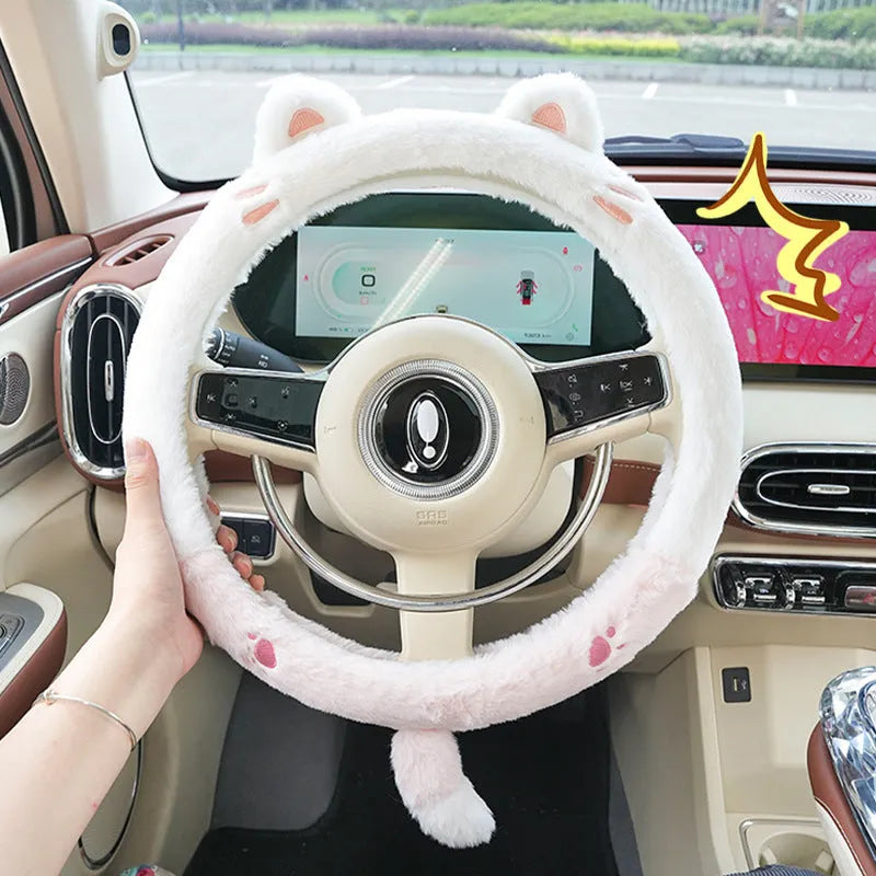 Plush thermal car steering wheel cover with rabbit fur embroidered cartoon design, 38cm diameter
