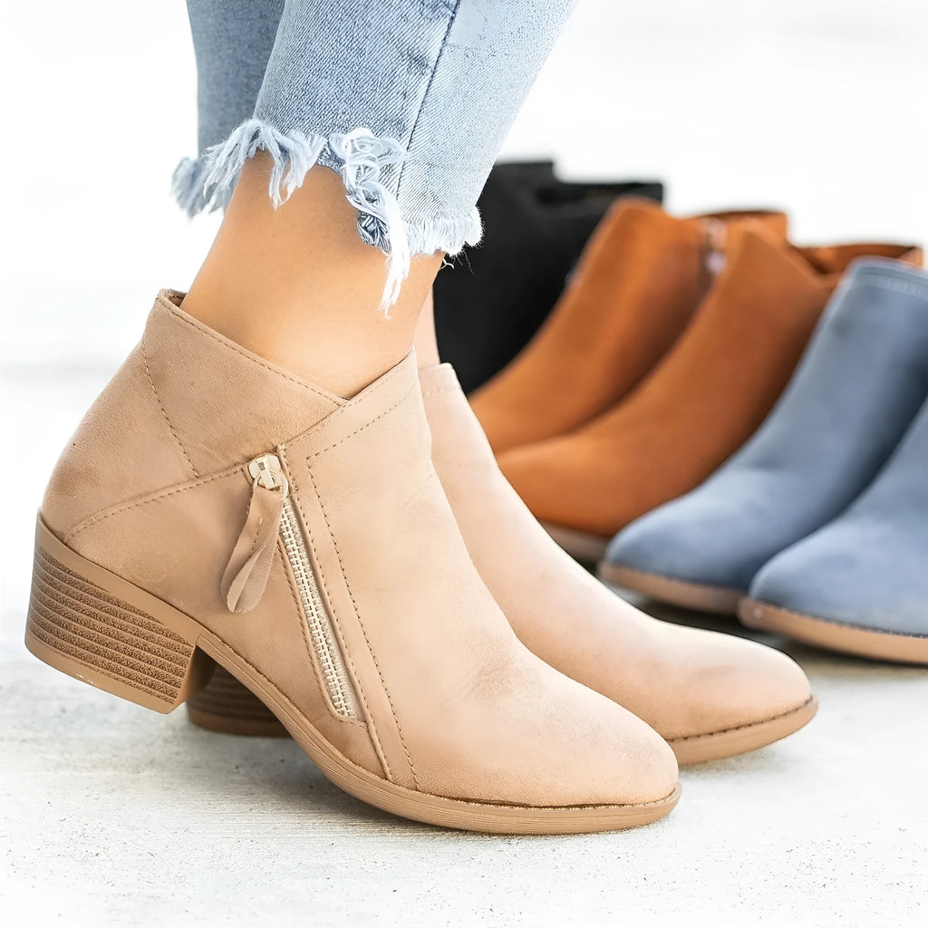 Women's blue suede ankle boots with a side zip and chunky heel, Dr. Martens style