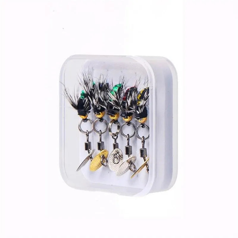 Five bionic mosquito fishing hooks with spinning sequins in multicoloured poisonous patterns