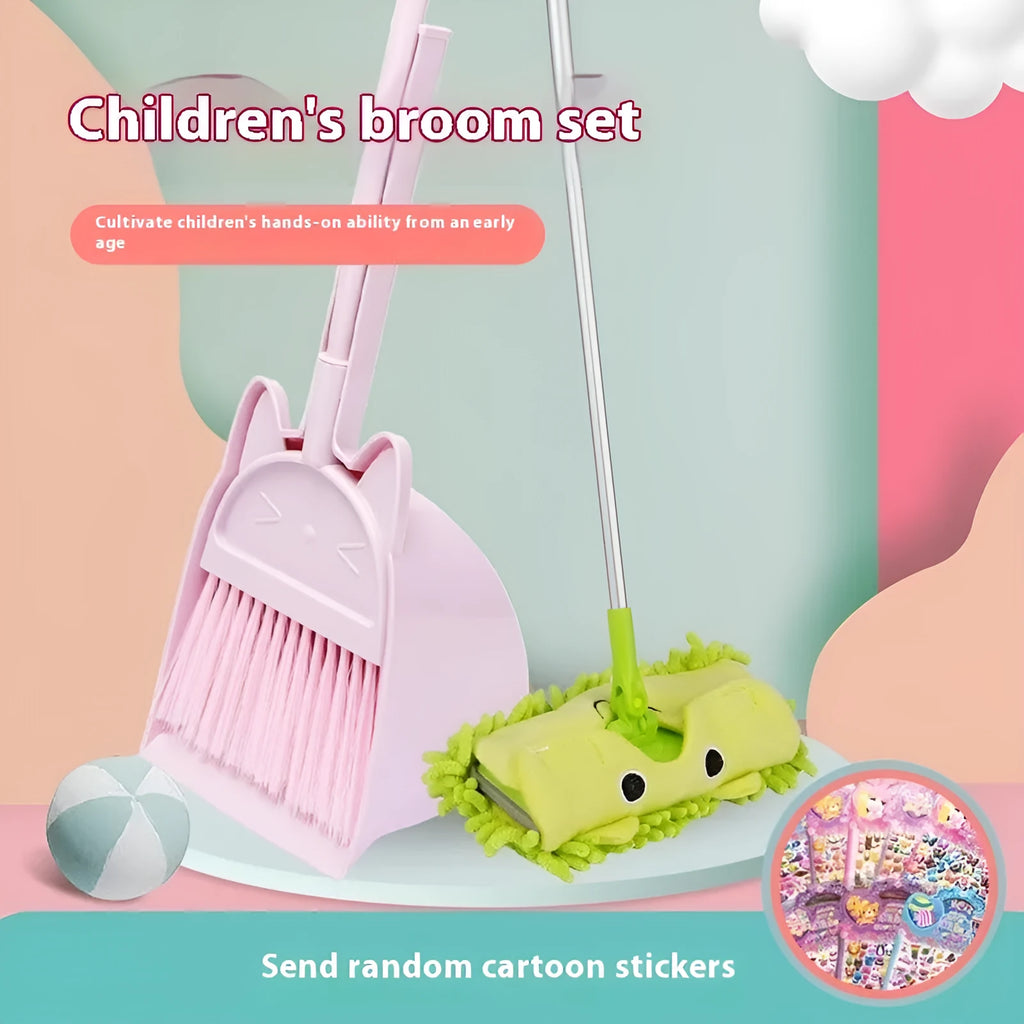 Purple, green, and beige plastic broom and dustpan set with a non-stick rotating brush holder.