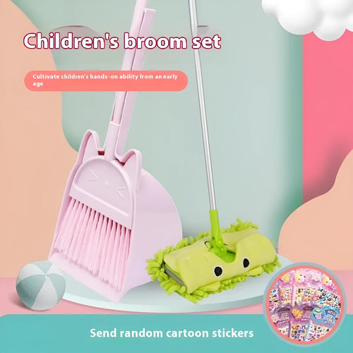 Purple, green, and beige plastic broom and dustpan set with a non-stick rotating brush holder.