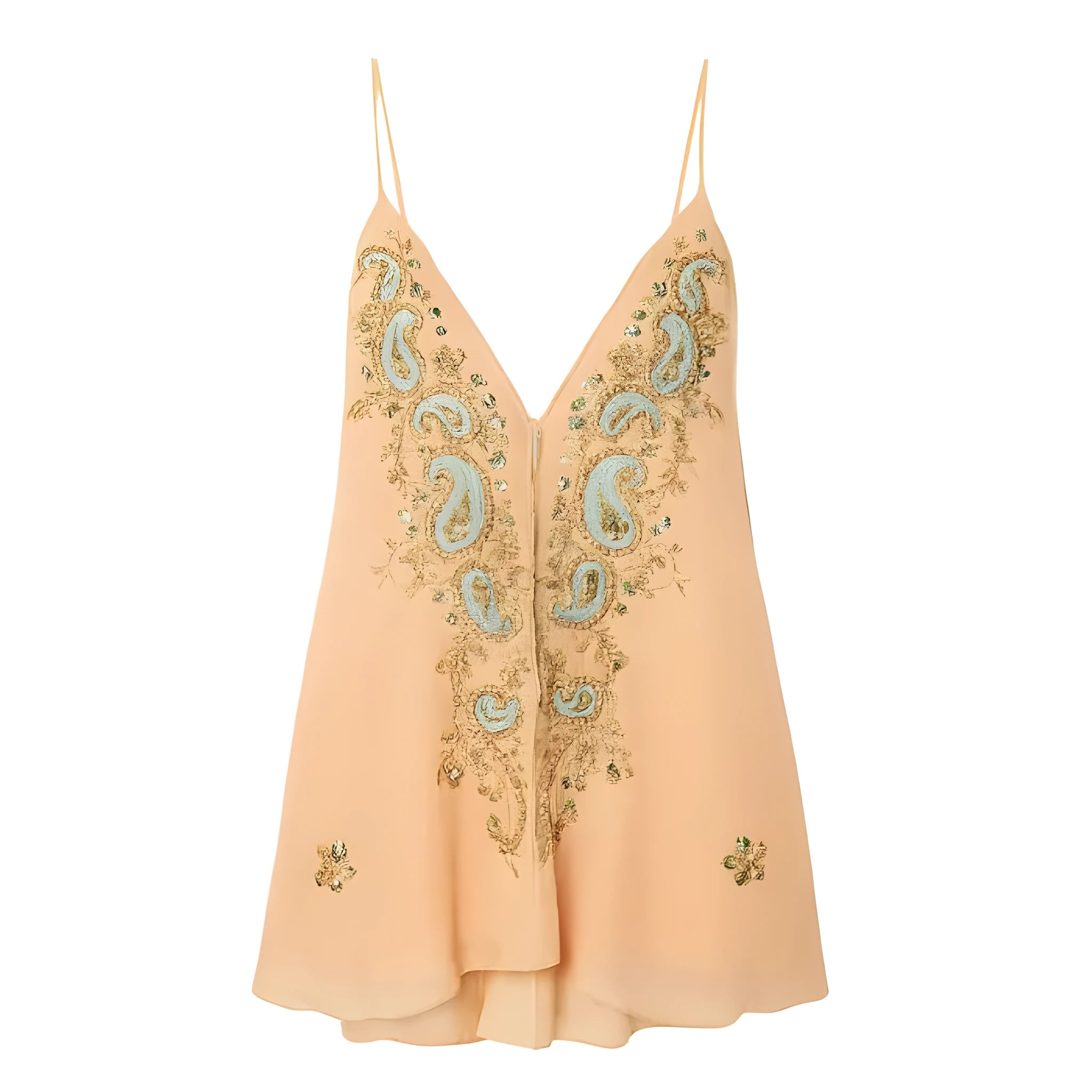 Light yellow ethnic print V-neck strap skirt with sleeveless design and short length