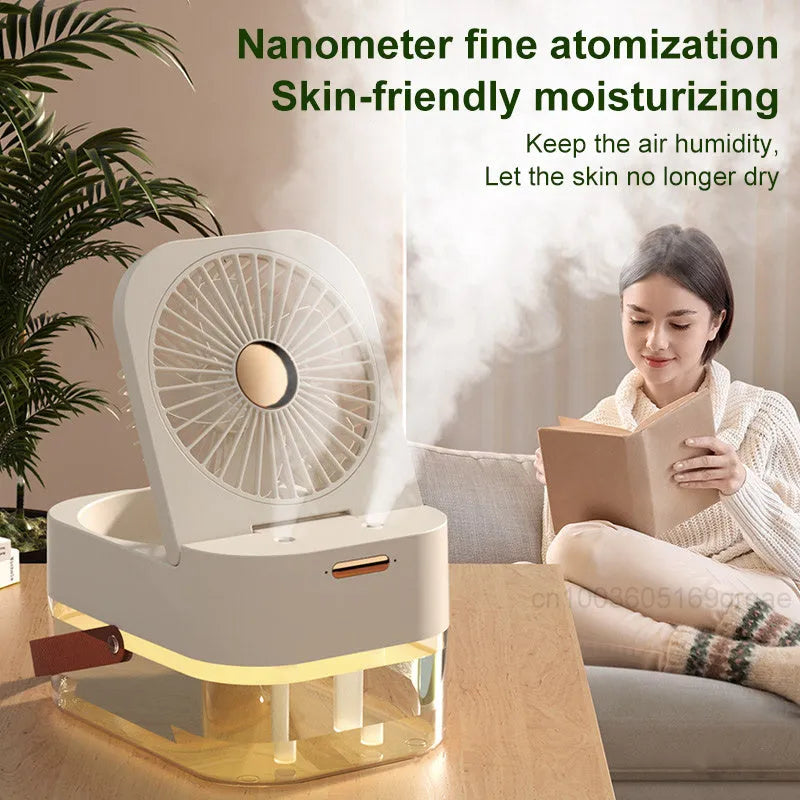 USB-powered desktop humidifier fan with large water tank and remote control on a wooden desk