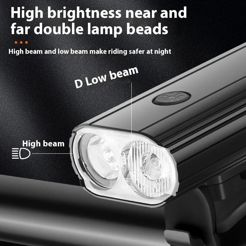 Black bicycle headlight with USB Type-C charging port and aluminium alloy body mounted on handlebars