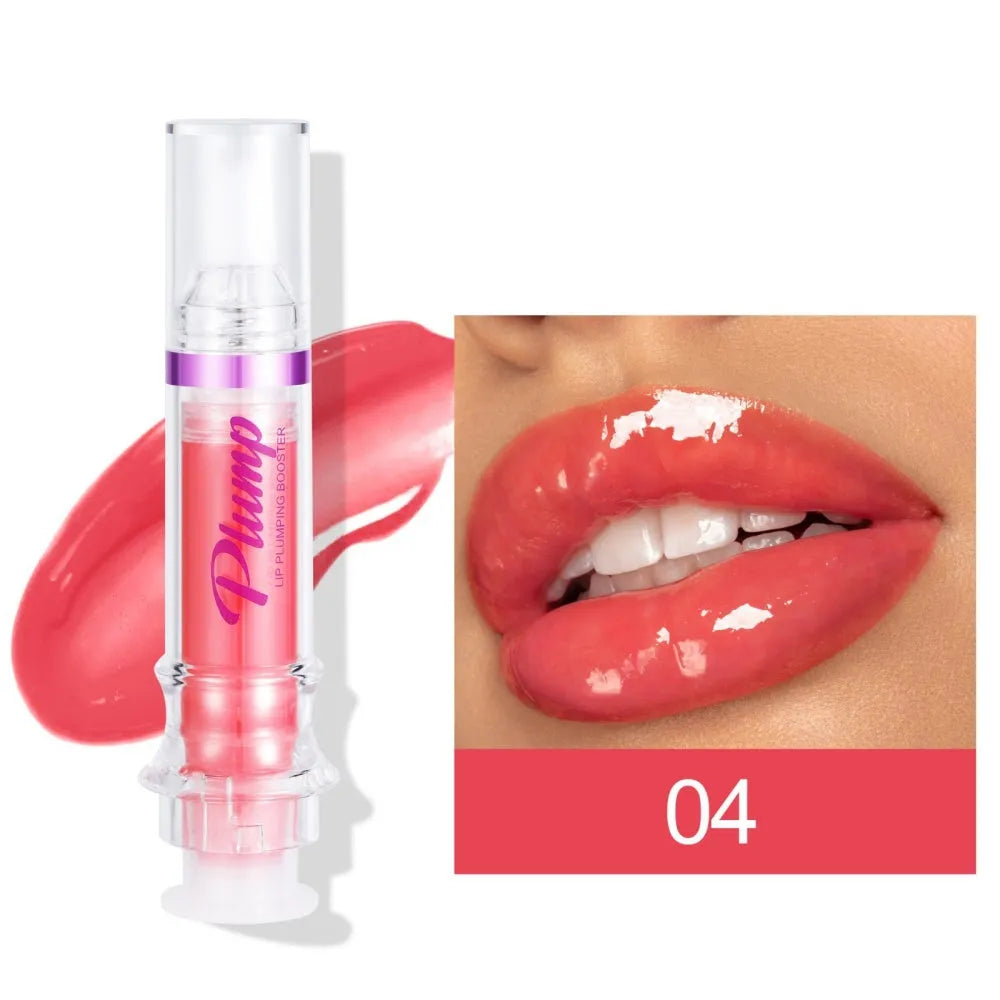 Tube of lip gloss showing shiny finish, available in six different colour shades.