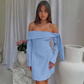 Women's off-shoulder slim-fit long-sleeved dress in pink polyester with short skirt