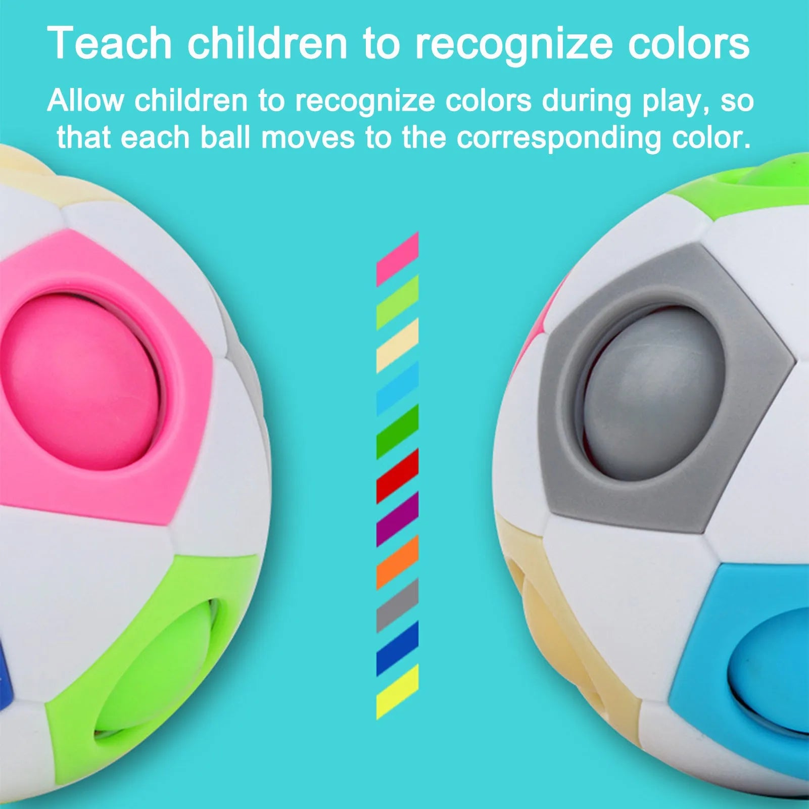 Multicoloured hexagon plastic puzzle ball with visible internal coloured balls, 7cm in diameter.