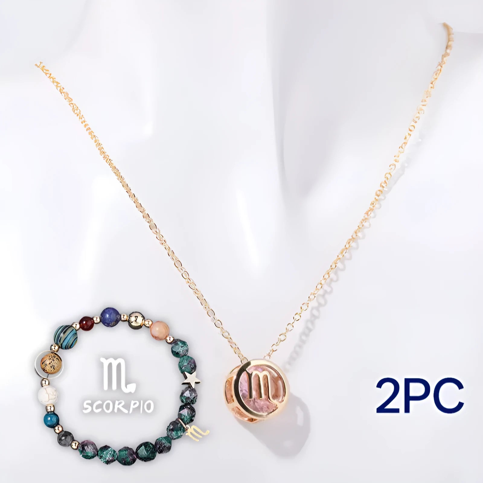 Natural stone beaded necklace and bracelet set with adjustable cords in gemstone materials
