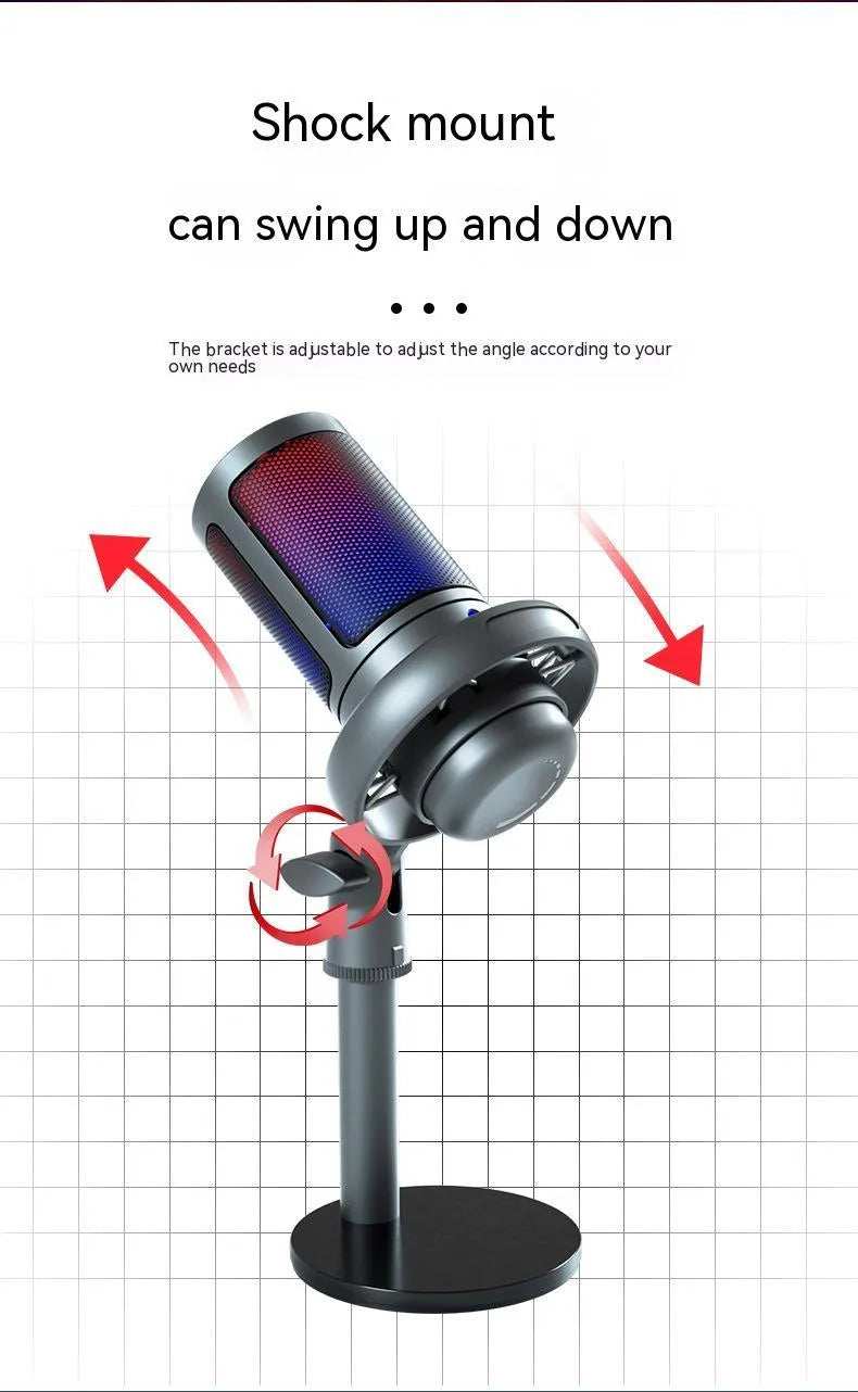 Condenser microphone with RGB lighting in black, white, or pink colours with USB cable