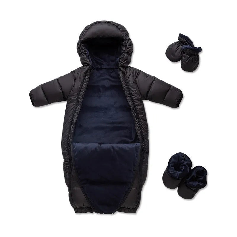 Baby down jacket jumpsuit in bear print with hood, gloves, and shoes for winter