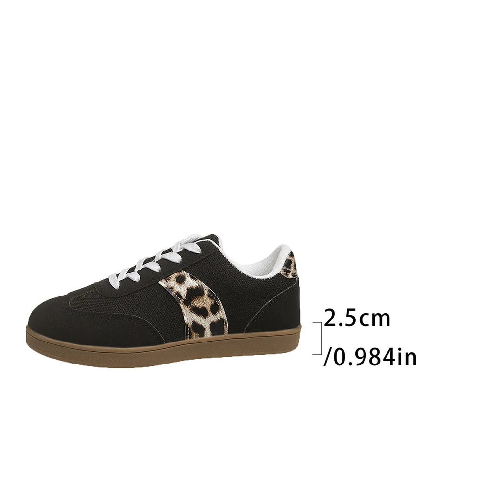 Women's round toe lace-up vintage leopard print canvas training shoes low top casual sneakers