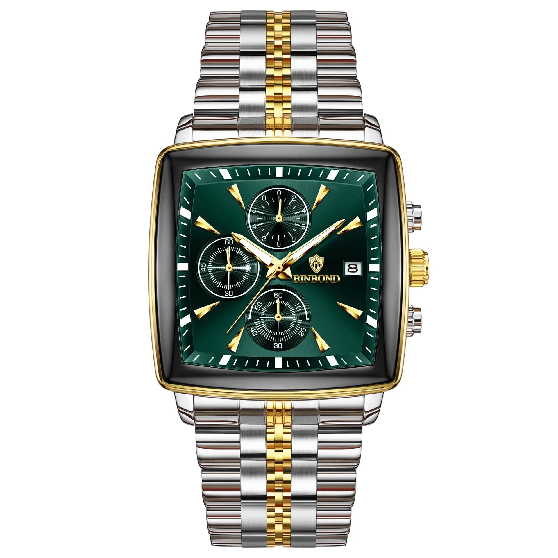 Men's rectangular quartz watch with luminous dial, stainless steel strap, and metal case in business styling