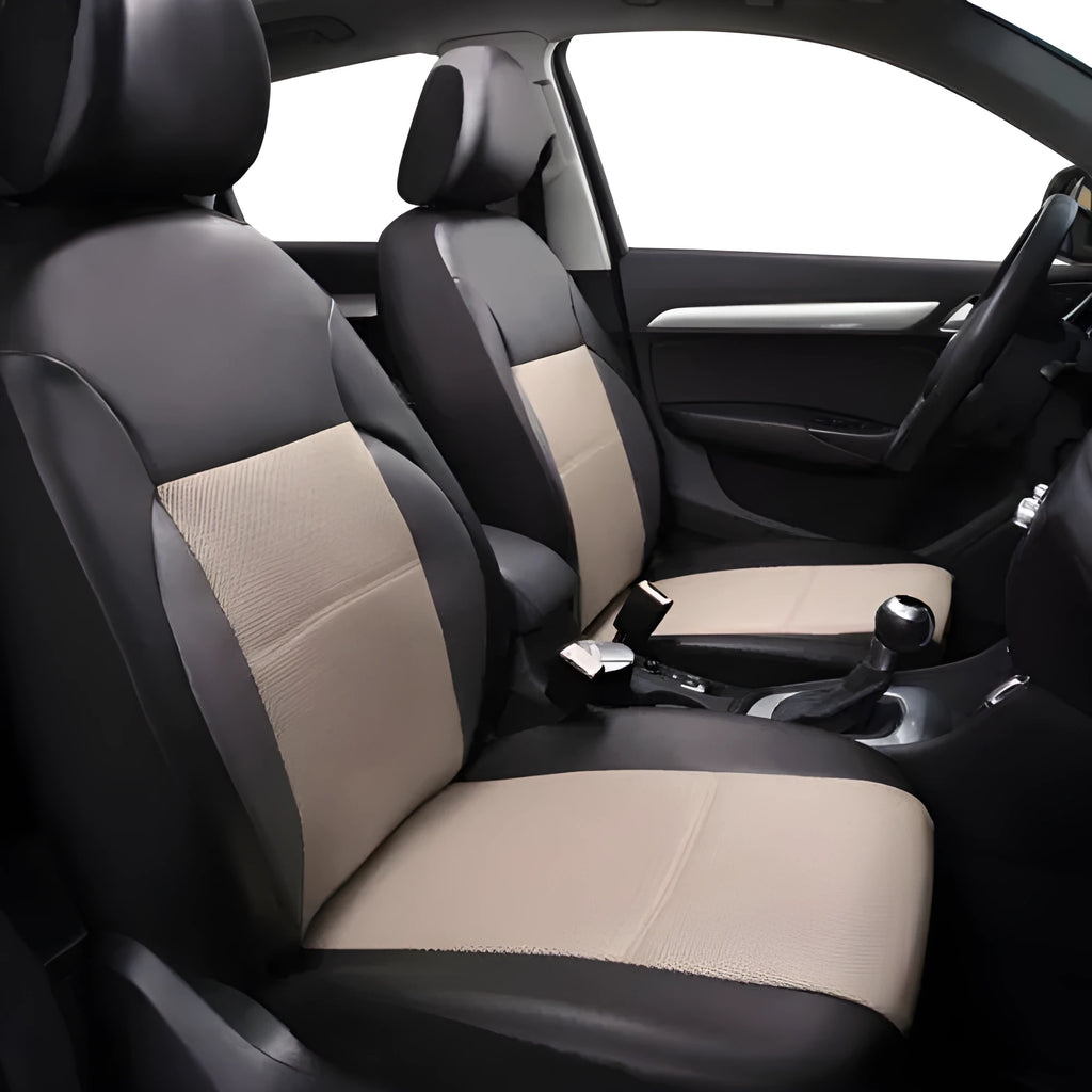 Auto artificial leather stitched 5-seater car seat cover set in black with dimensions for front seat, backrest, and backseat cushion