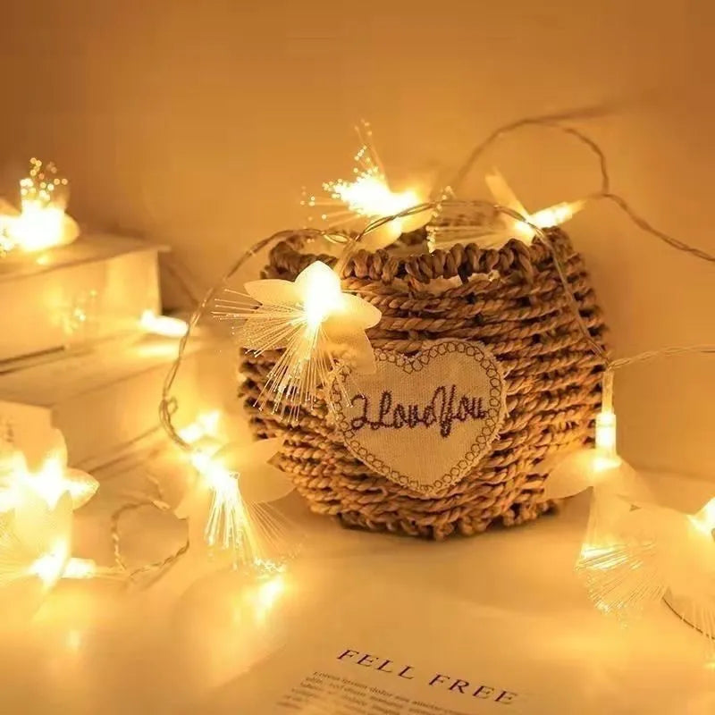 LED optical fibre flower light string with 20 warm white lamp beads on battery box, suitable for wedding and party decoration
