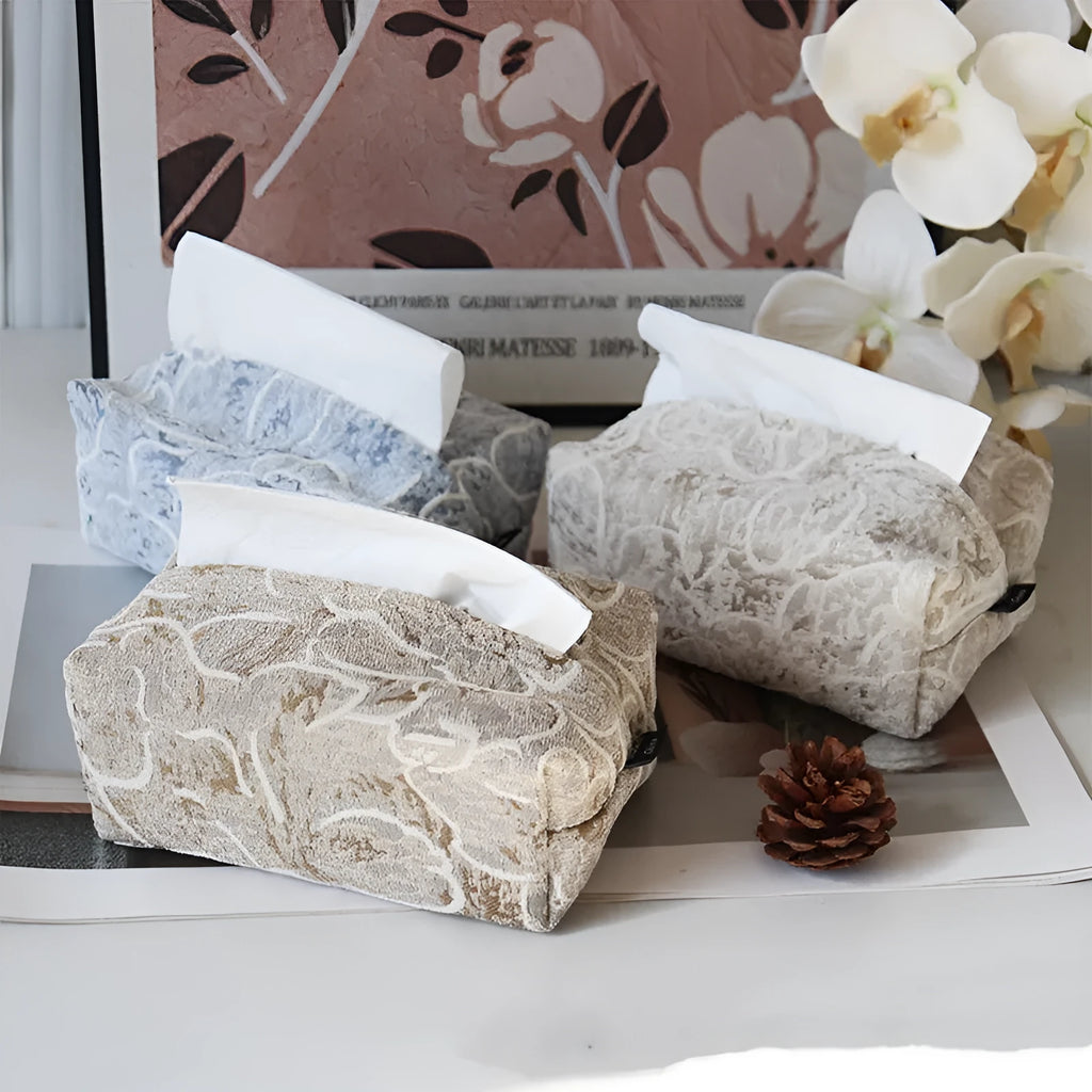 Chinese pastoral cotton fabric tissue box in beige, blue or brown, 17x11x7cm with drawer