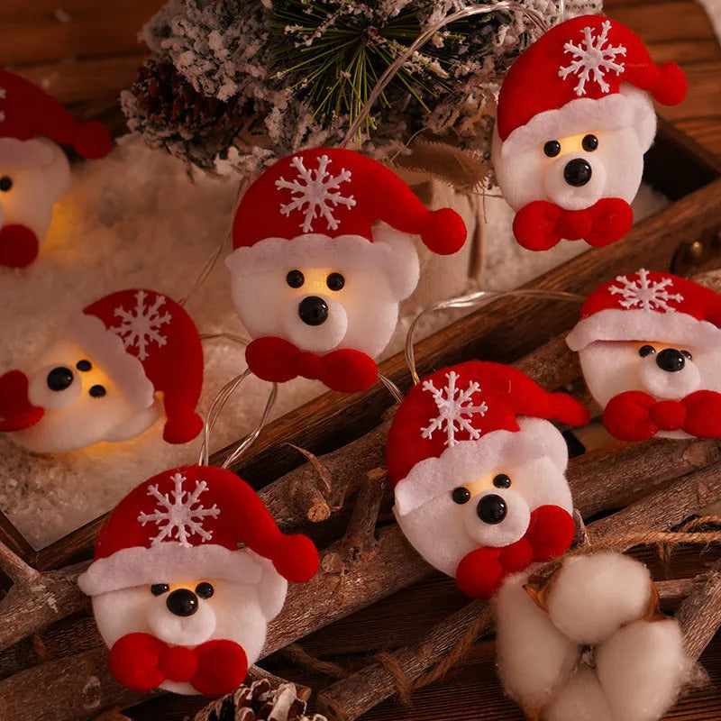Fabric felt polka dot Christmas LED string lamp with battery power, showing snowflake bear and snowman light colours