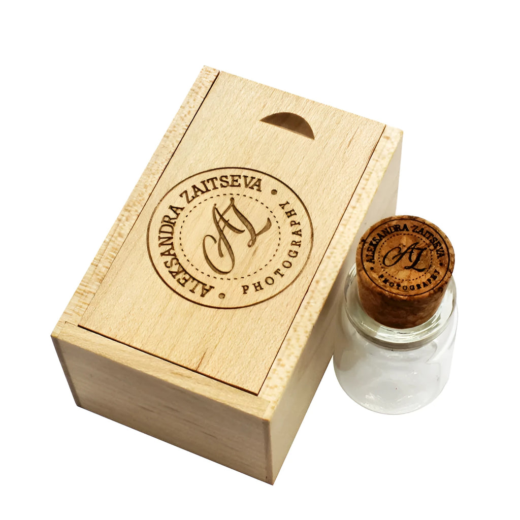 Personalised wood USB flash drive in chocolate brown with custom graphic option showing 8.5cm dimensions