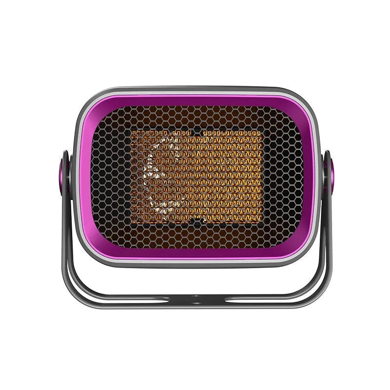 White PTC ceramic desktop heater with rotatable design showing control buttons and compact dimensions