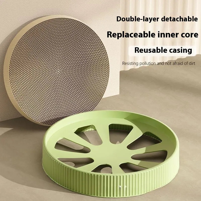 Round green cat scratching board nest with corrugated paper centre, 55 cm diameter