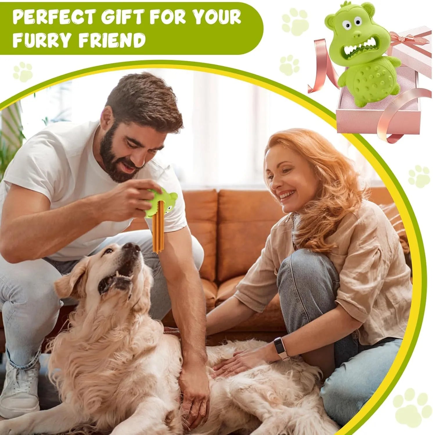 Green and yellow thick natural rubber dog chew toy for aggressive chewers with squeaker.