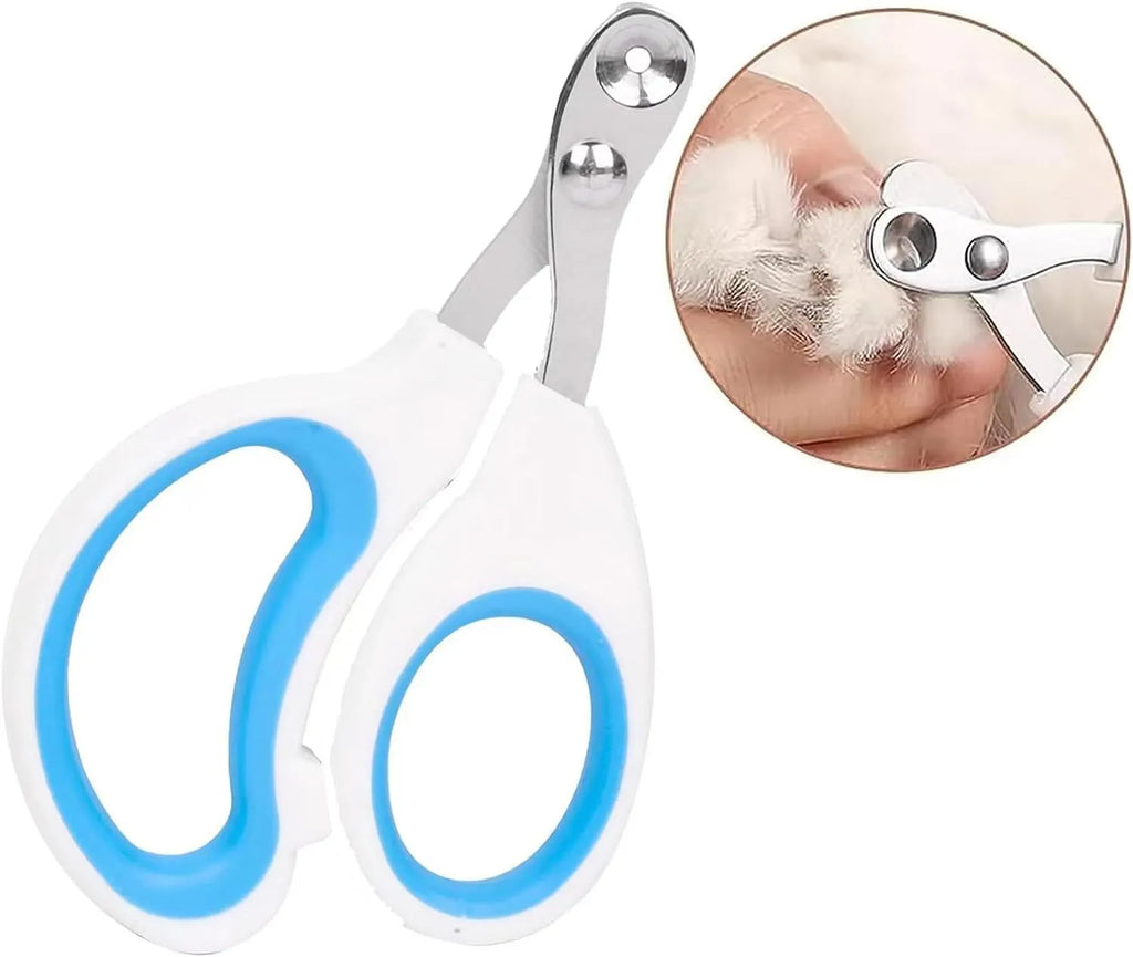 Blue pet nail clippers with circular hole design and cushioned handle on a white background.