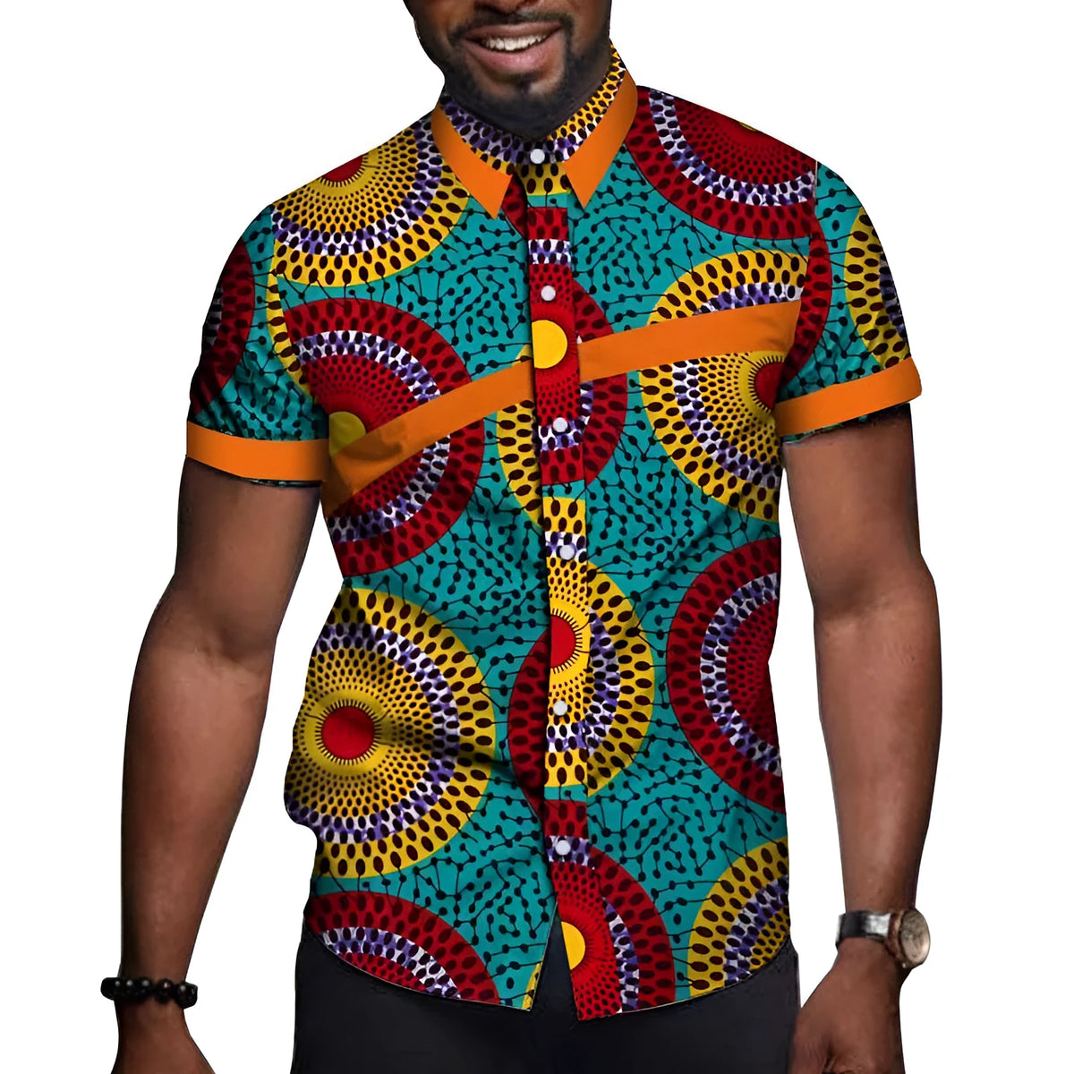 African men cotton printed short sleeve lapel t shirt with colourblock design, available in multiple colours