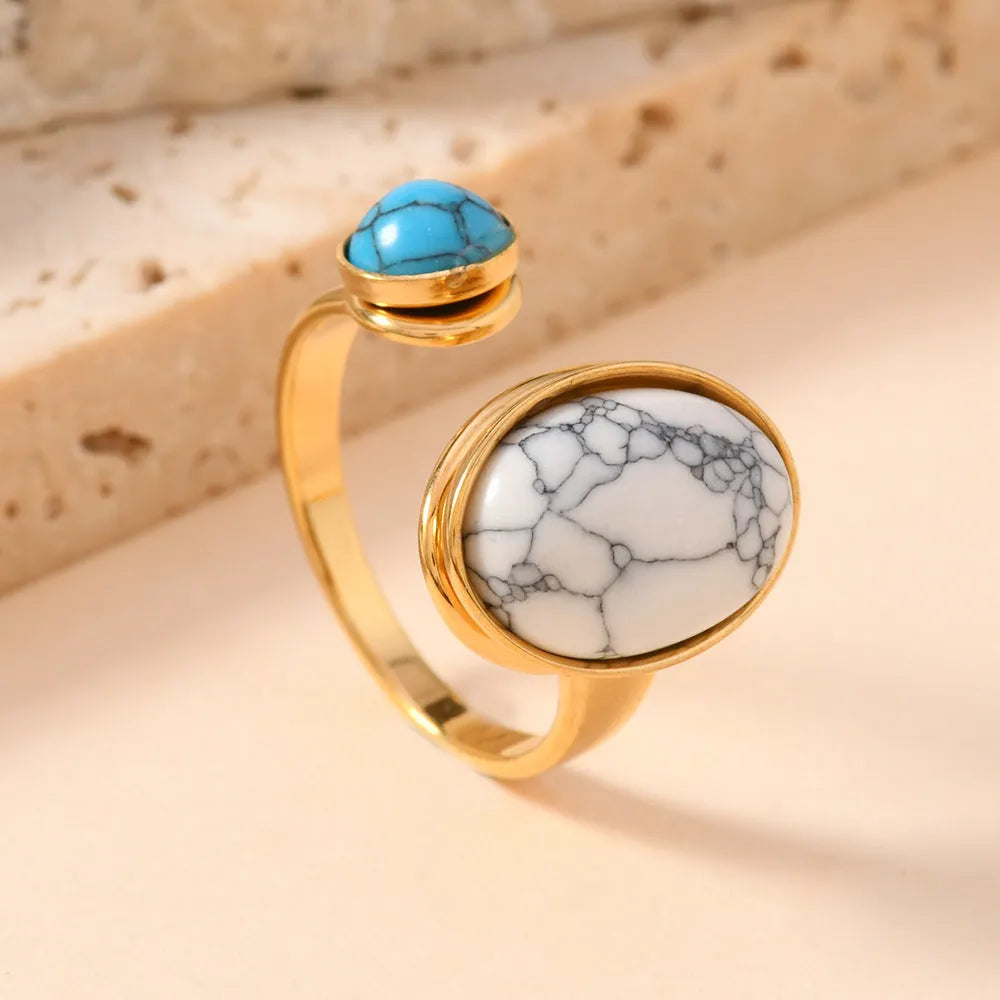 Oval natural stone ring on stainless steel band, geometric design, free size, green and white blue colour options