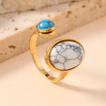 Oval natural stone ring on stainless steel band, geometric design, free size, green and white blue colour options