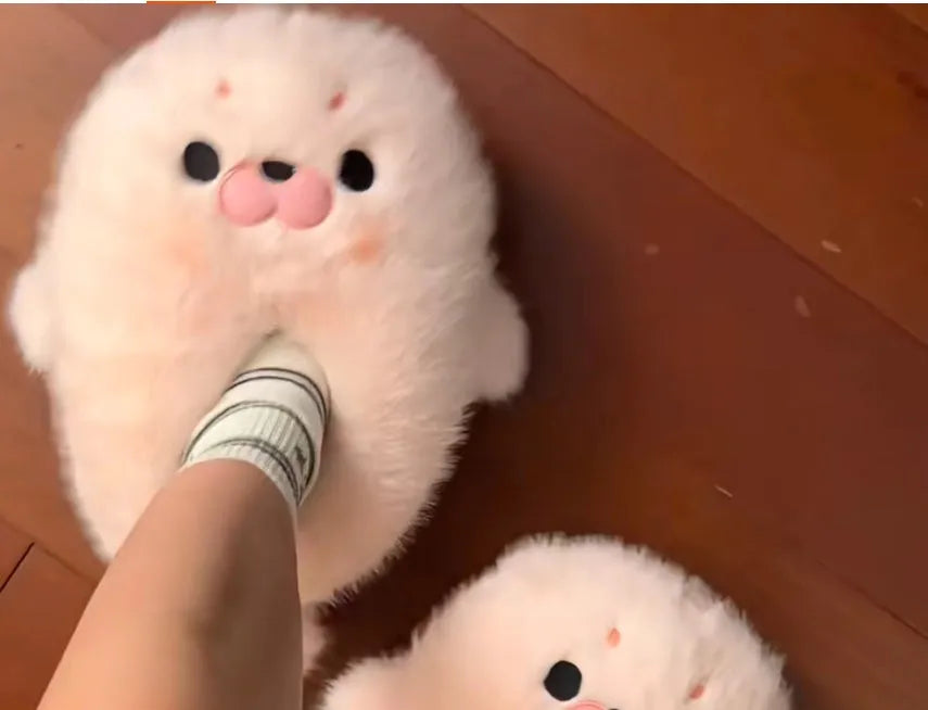 Small seal cotton shoes autumn winter warm plush toe cap slippers women cute white