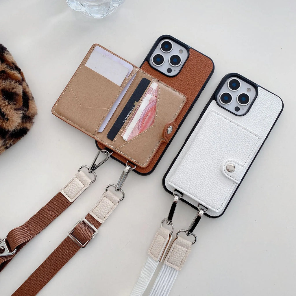 Black PC leather iPhone case with a card slot on the back and a lanyard hole at the corner.