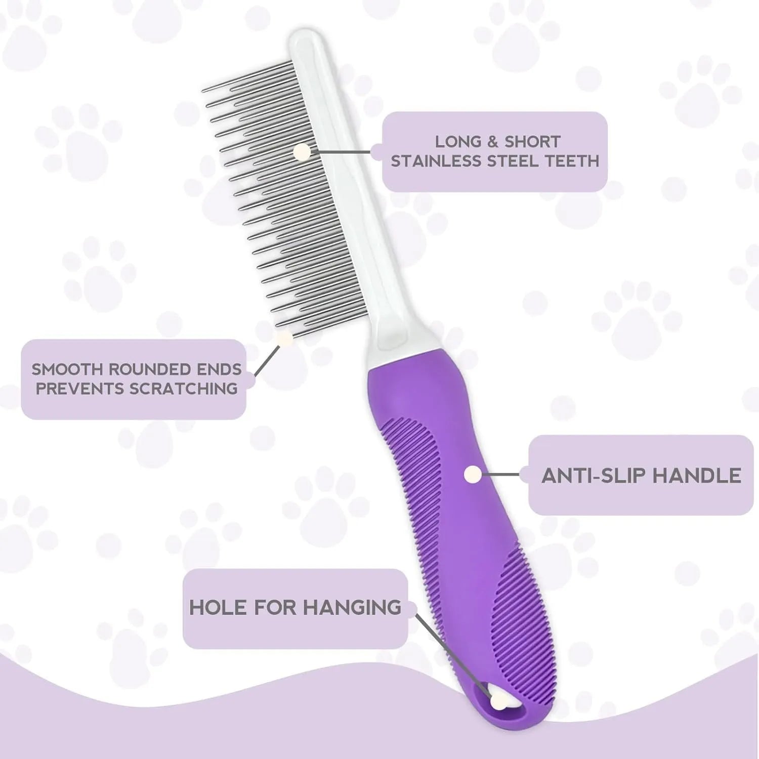 Purple pet grooming comb with stainless steel teeth for dogs and cats