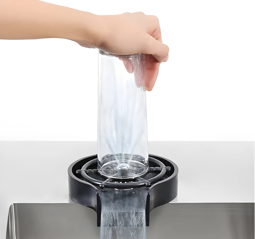 Black high-pressure automatic stainless steel glass washer with copper hose on ABS base.