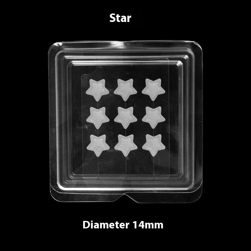 Sheet of nine 14mm soluble hyaluronic acid invisible microneedle acne patches in blister box.