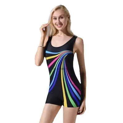Women's quick-dry polyester one-piece swimsuit in black and blue, sleeveless conservative style