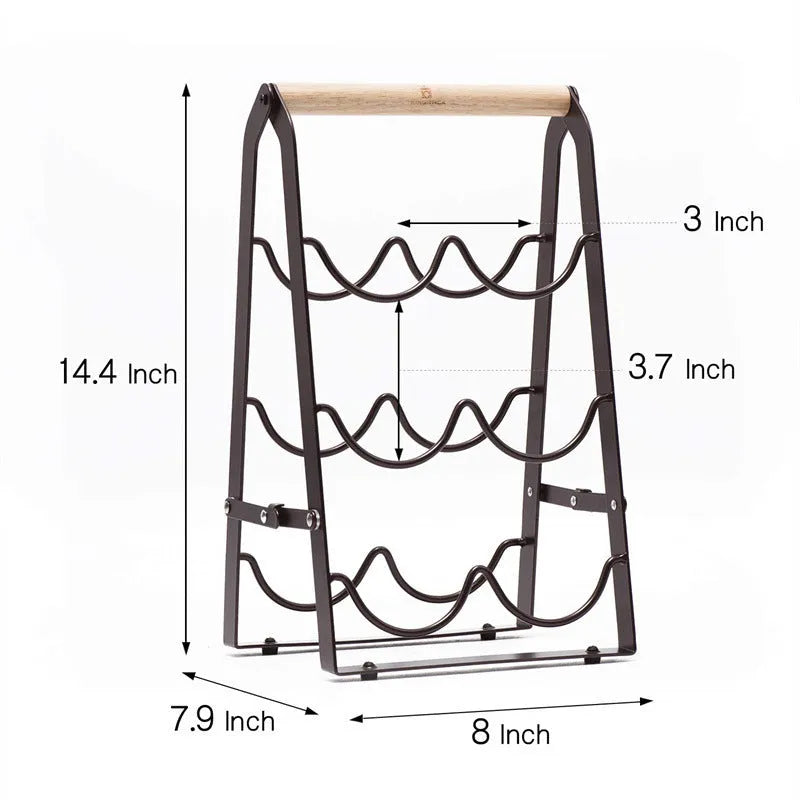 Black iron metallic desktop wine rack holding one wine bottle on a kitchen countertop