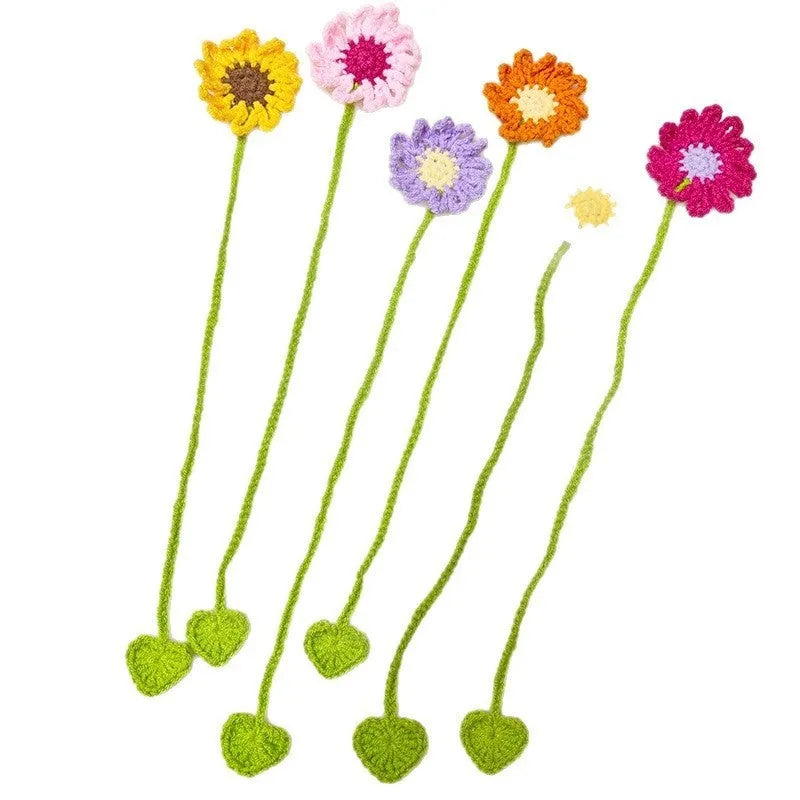 Hand-crocheted daisy bookmark with flexible wire frame in yellow colour option