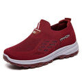 Women's casual slip-on Flyknit shoes flat heel round toe PVC sole available in black red gray purple